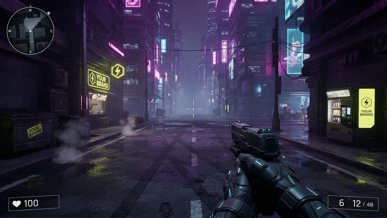 Concept: small neon sign, vending machine panel and dumpster sticker in a cyberpunk street