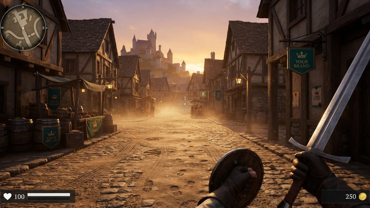 Concept: crests on market barrels, a hanging shop sign and a notice poster in a fantasy town